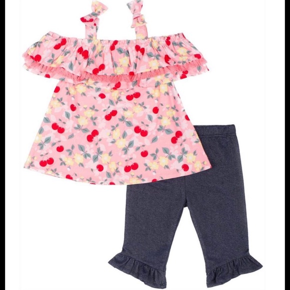 Little Lass Cherry Print Cold Shoulder Top & Capri